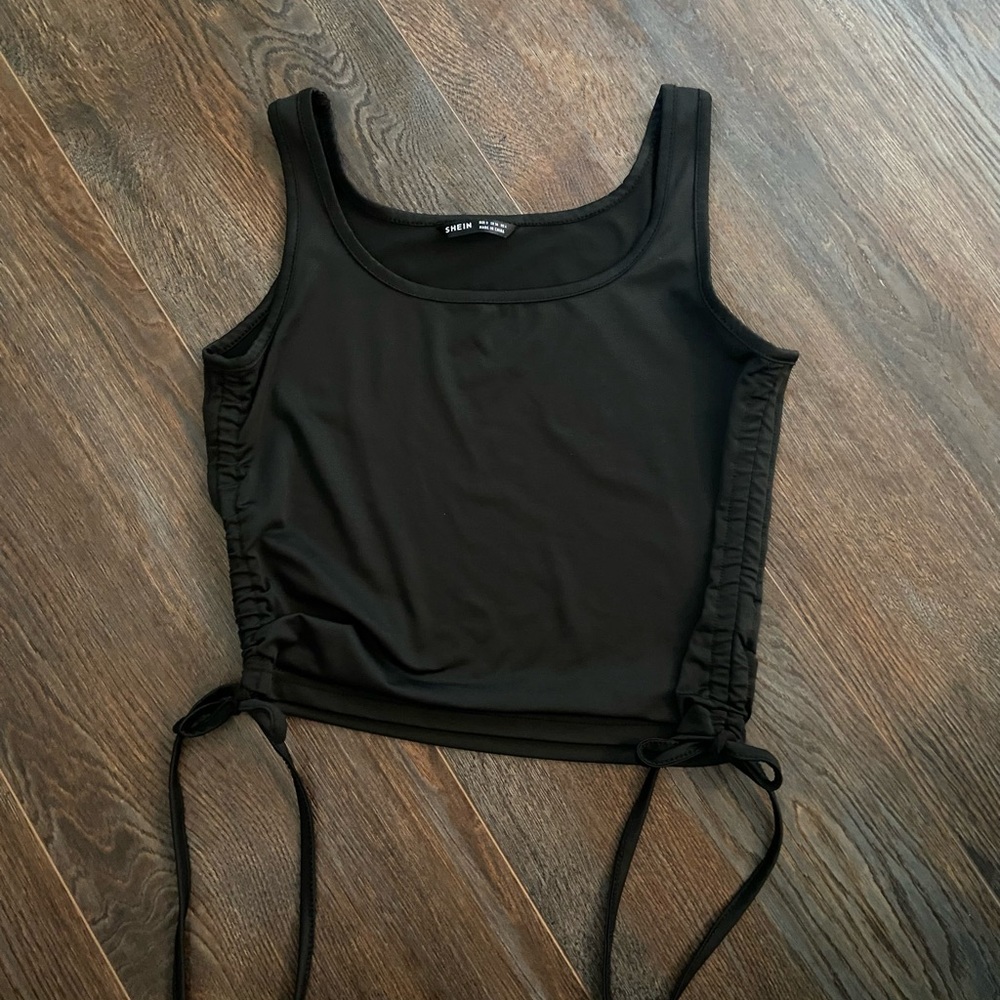 Black cropped tank with gathered side detail